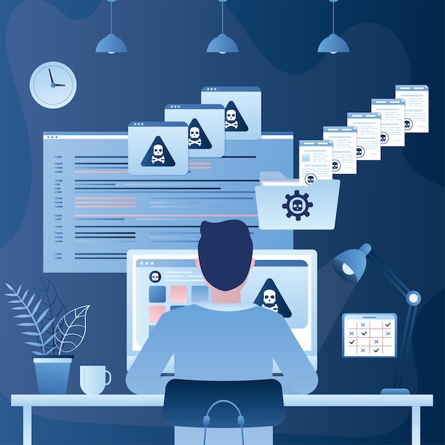 anonymous developer writes code and creates computer virus vector illustration
