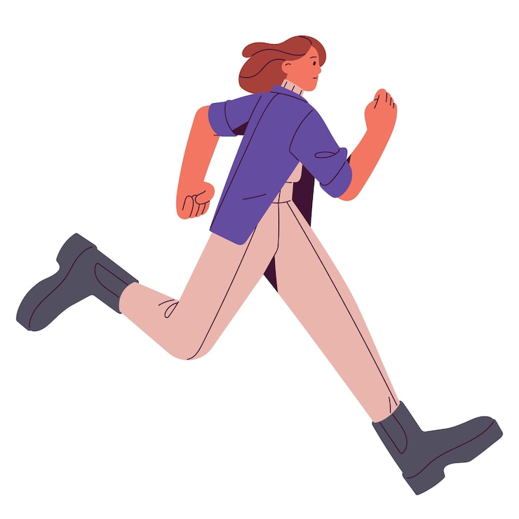 Vector anxious woman running busy worried haunted girl rushing moving fast on urgent business urgency panicked frightened person in action flat vector illustration isolated on white background