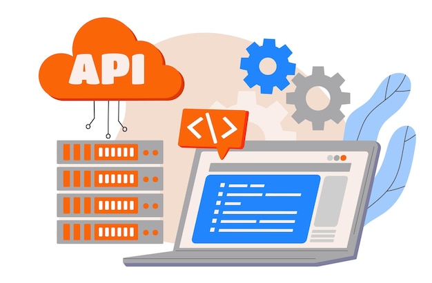 Api technology concept laptop near server cloud service and technology wireless connection exchange