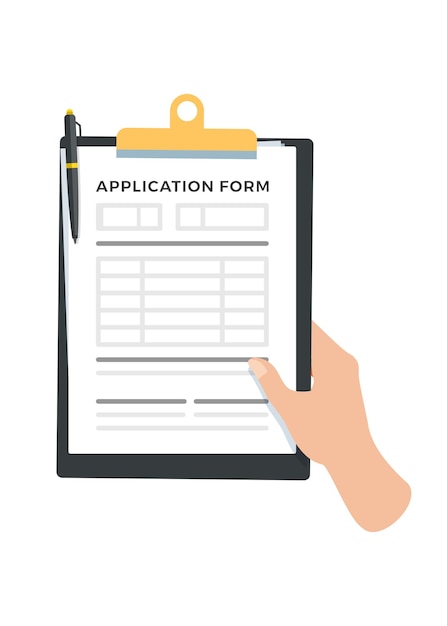 application form hand hold clipboard with form document and pen on it stock illustration