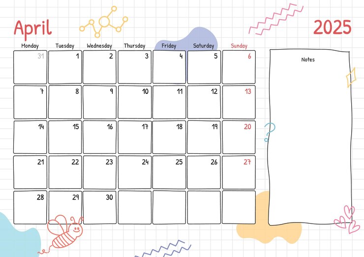 Vector april 2025 calendar cute scribble hand drawn style