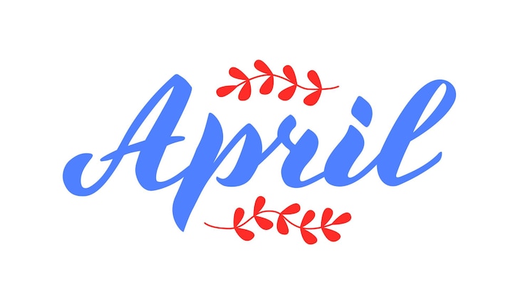 Vector april month name handwritten lettering with flat flowers isolated on white vector illustration