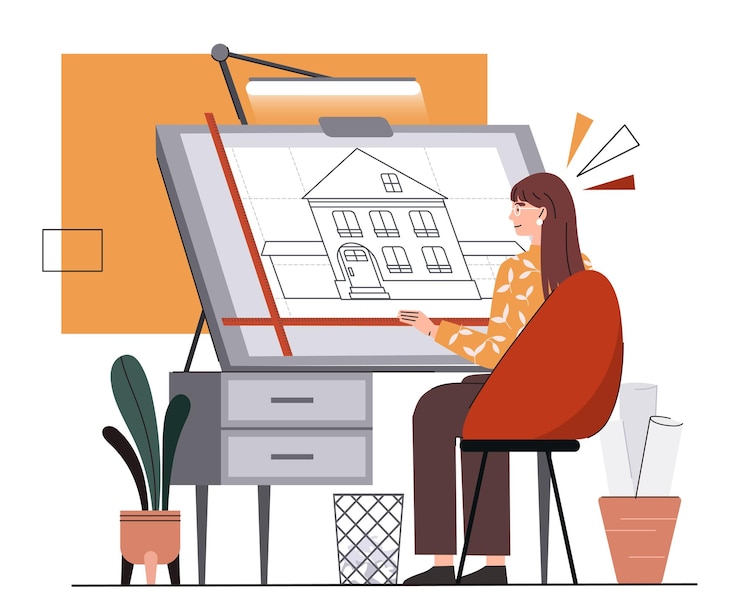 Vector architect woman at workplace vector concept