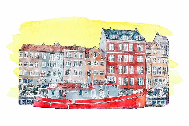 Vector architecture denmark watercolor hand drawn illustration isolated on white background