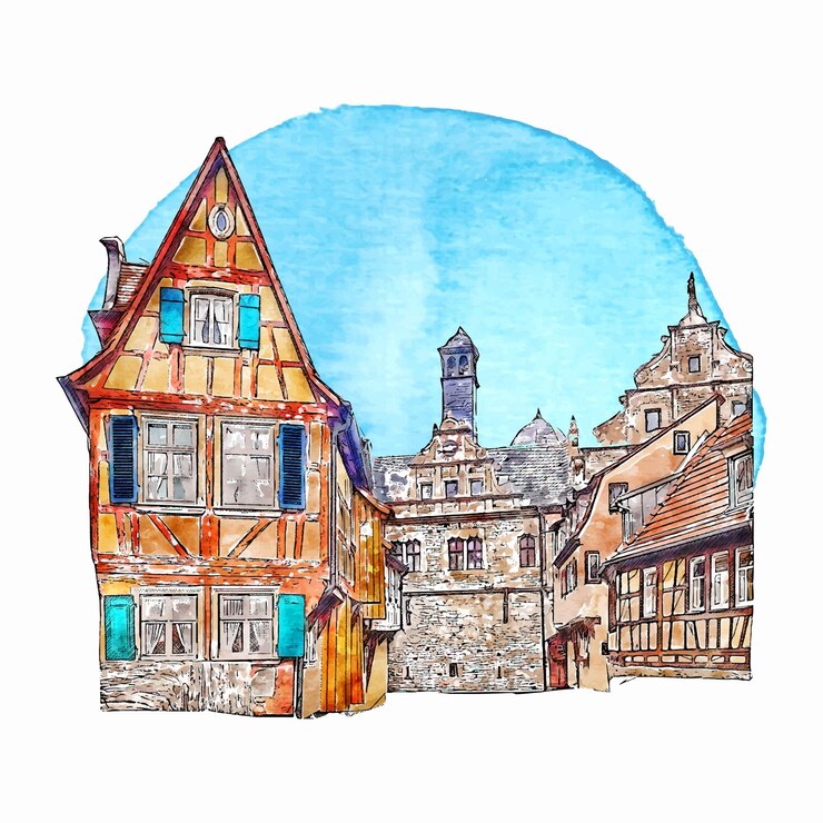 Vector architecture marktbreit germany watercolor hand drawn illustration isolated on white background