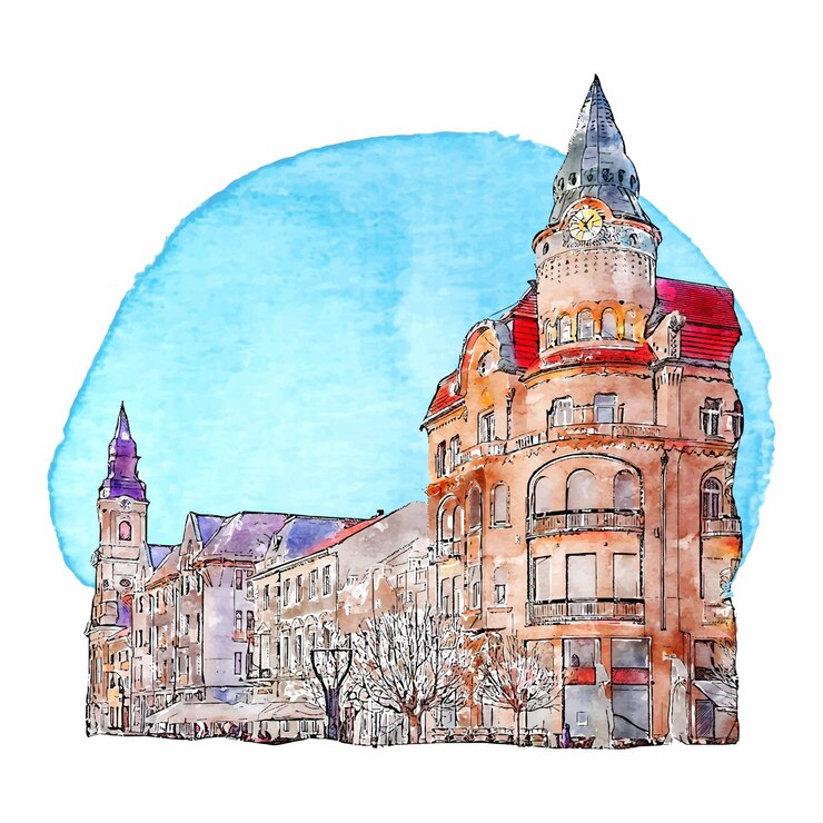 Vector architecture romania watercolor hand drawn illustration isolated on white background