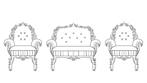 Armchair furniture with luxurious ornaments. Vector French Luxury rich intricate structure. Victorian Royal Style decor