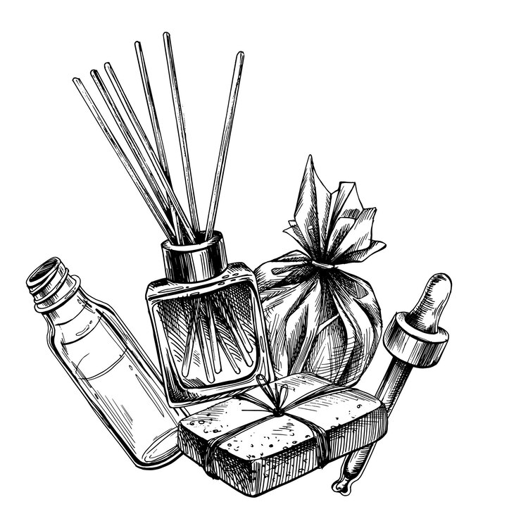 Vector aroma diffuser bath bomb handmade soap serum with dropper graphic illustration hand drawn