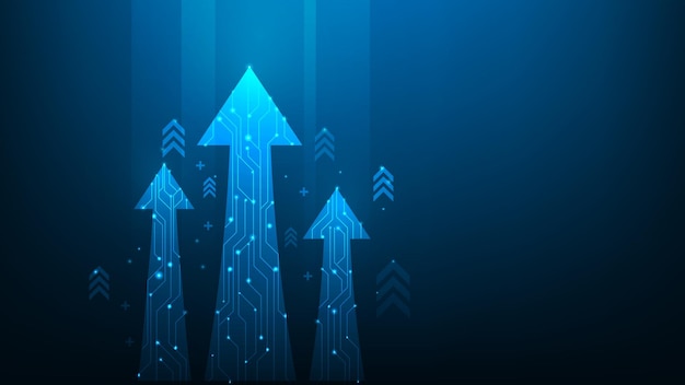 Arrow up investment with circuit line business growth on dark blue background copy space text.