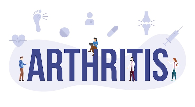 Vector arthritis disease health concept with big word or text and people with modern flat style