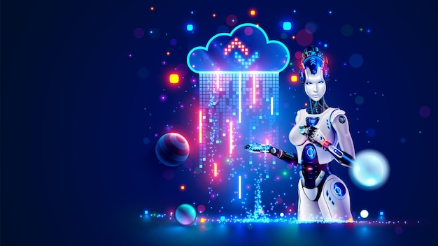 Artificial intelligence analysis data in digital cloud AI robot woman holds in palm digital data from internet cloud storage AI technology for cloud computing learning artificial neural networks