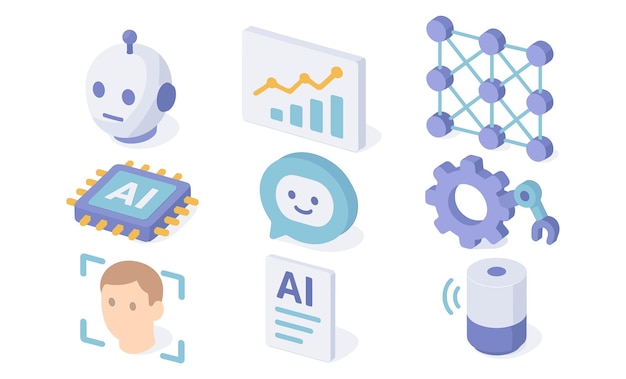 Artificial intelligence and data analytics icons including robot head chart neural network AI chip chatbot gear face recognition AI document and database 3D isometric icon