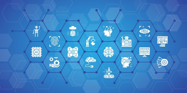 artificial intelligence business icons banner concept robotics chatbot database banner illustration