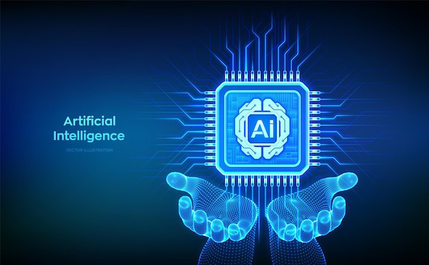 Artificial Intelligence chip with AI digital brain circuit board icon in wireframe hands Artificial intelligence integrated into a microprocessor AI processor technology concept Vector illustration