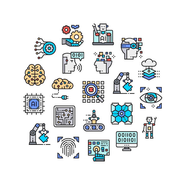 artificial intelligence icons set robotics chatbot database big data icons banner