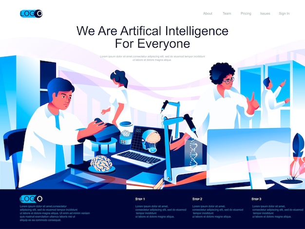 Artificial Intelligence isometric landing page with flat characters situation