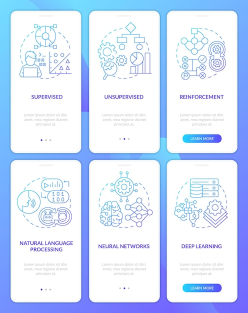 artificial intelligence system blue gradient onboarding mobile app screen set