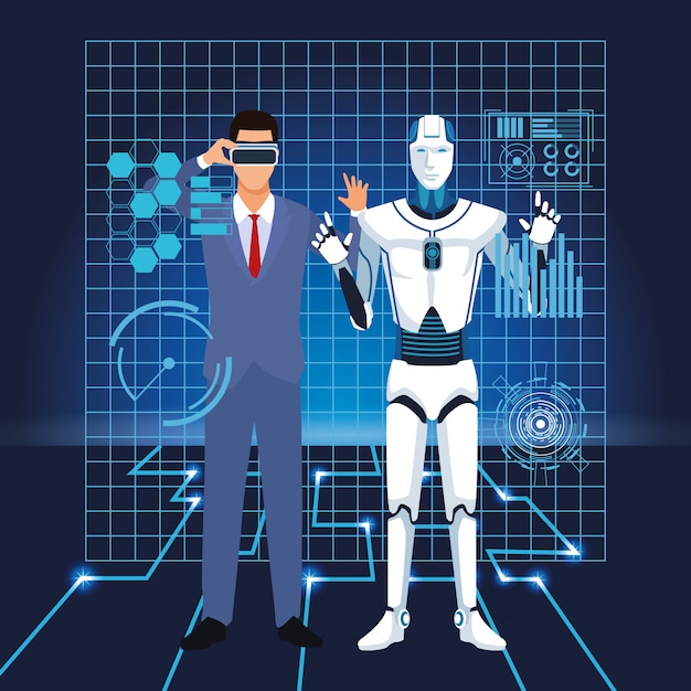 artificial intelligence technology man using vr goggles and cyborg interface