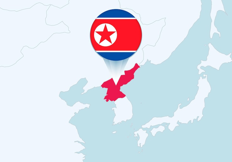 Vector asia with selected north korea map and north korea flag icon