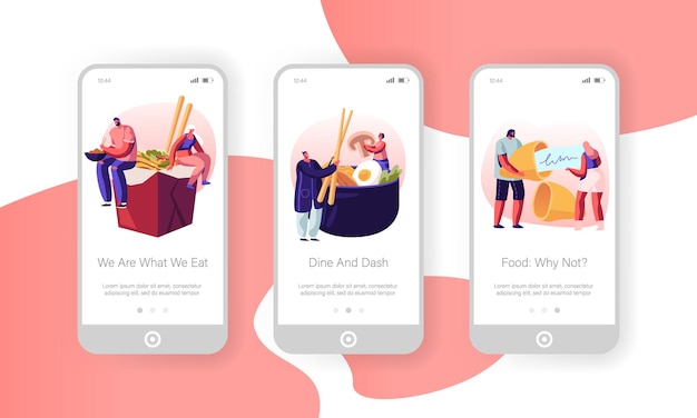 Asian Food Mobile App Page Onboard Screen Set.
