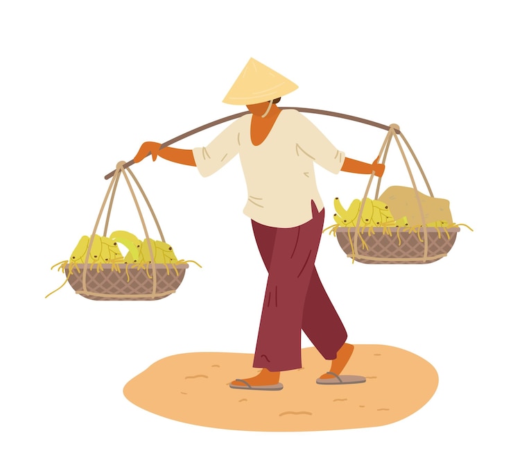 Vector asian woman in traditional vietnamese conical hat carrying yoke with whicker baskets with bananas.