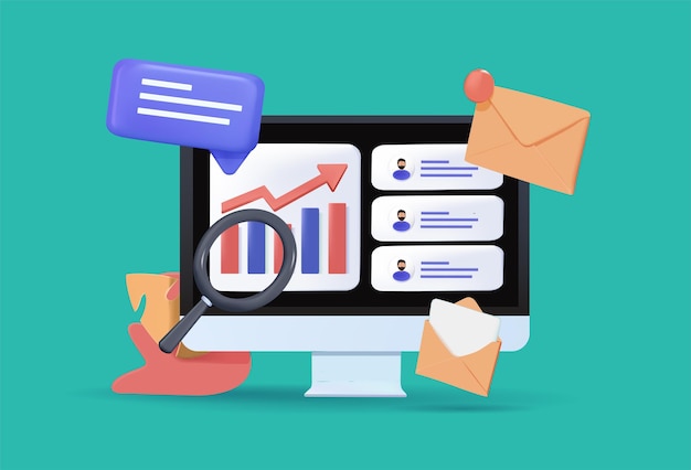 Assignments analyzing data concept 3d illustration Colorful illustration of modern assignments and analyzing data on digital devices while using online services remotely 3D