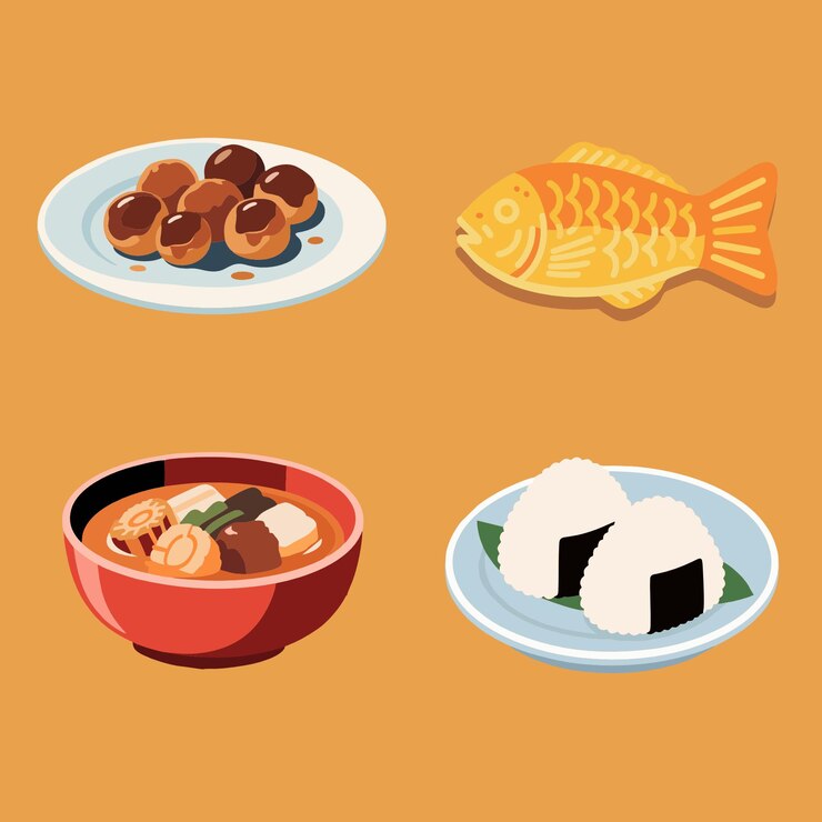 Vector assortment of japanese dishes takoyaki taiyaki onigiri and oden
