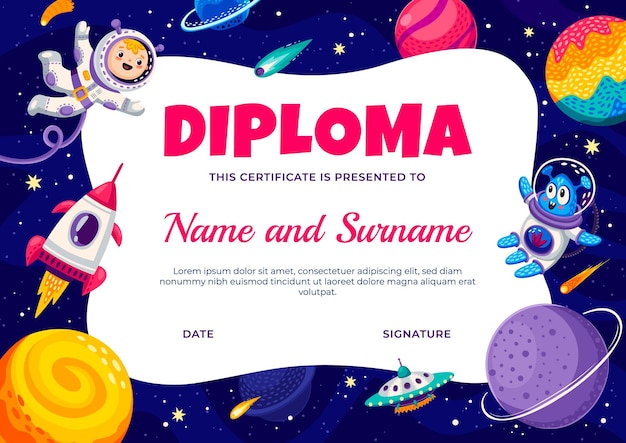 Astronaut diploma with kid spaceman space planets