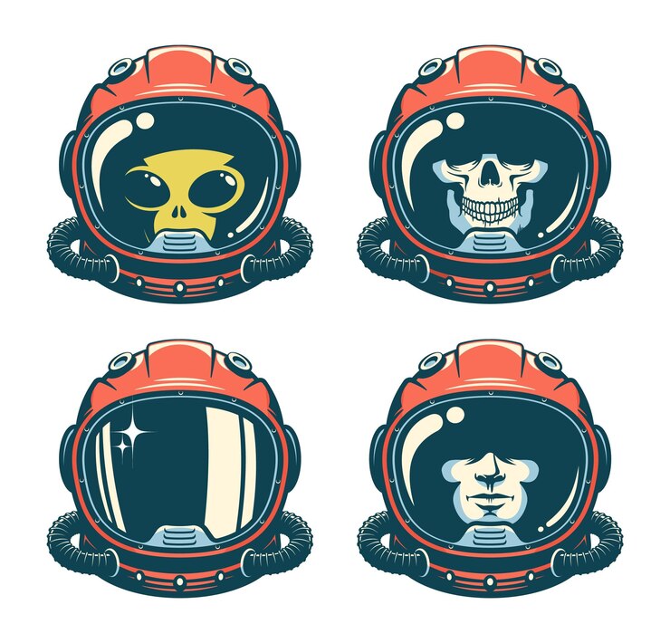 Vector astronaut helmet with skull retro style