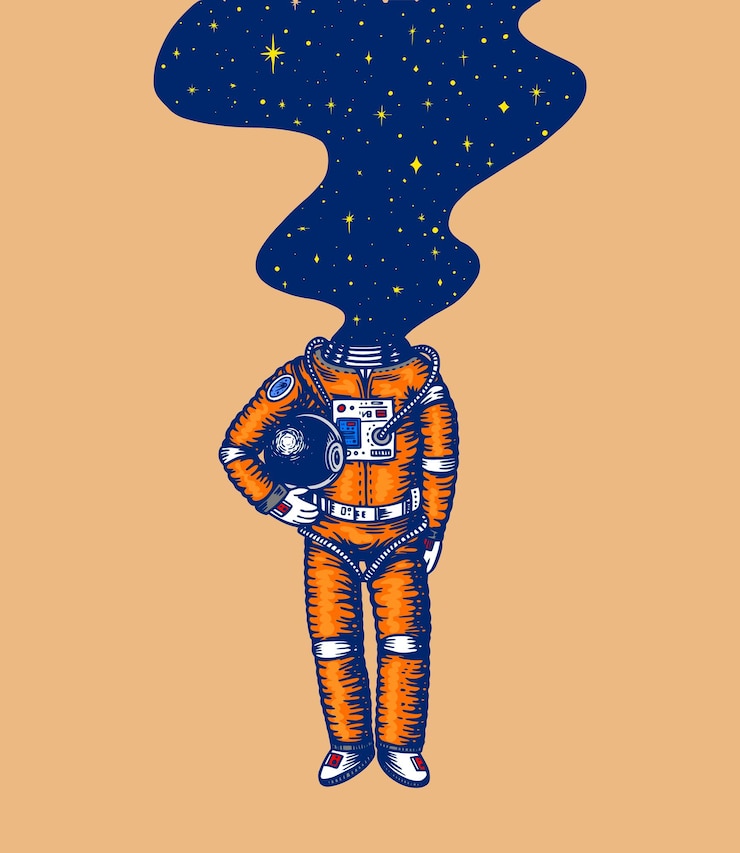 Vector astronaut melonjak ruang angkasa dan galaksi di kepala astronot di tata surya ukiran tangan gambar sketsa lama dalam gaya vintage