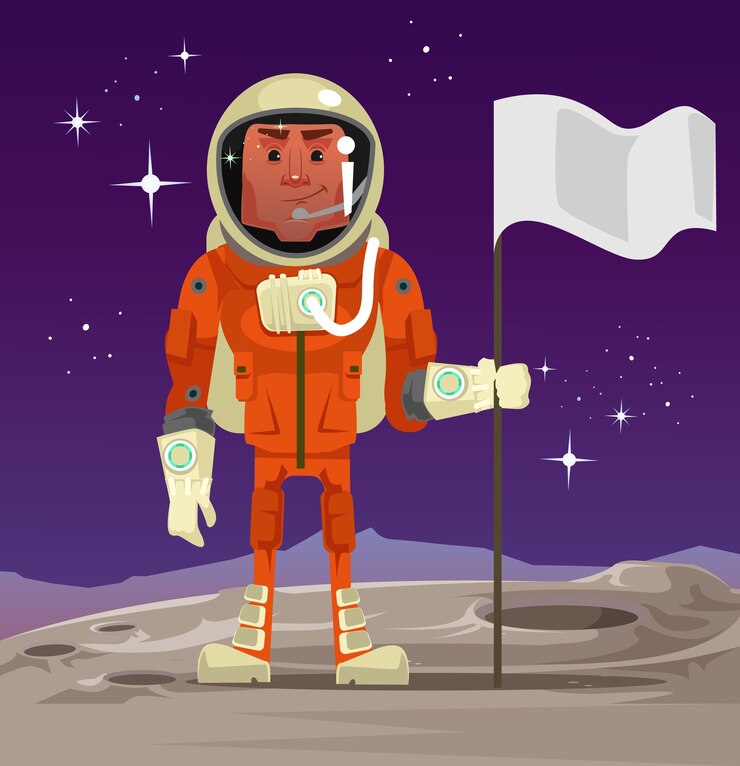 Vector astronot berdiri di planet dan memegang bendera. ilustrasi kartun
