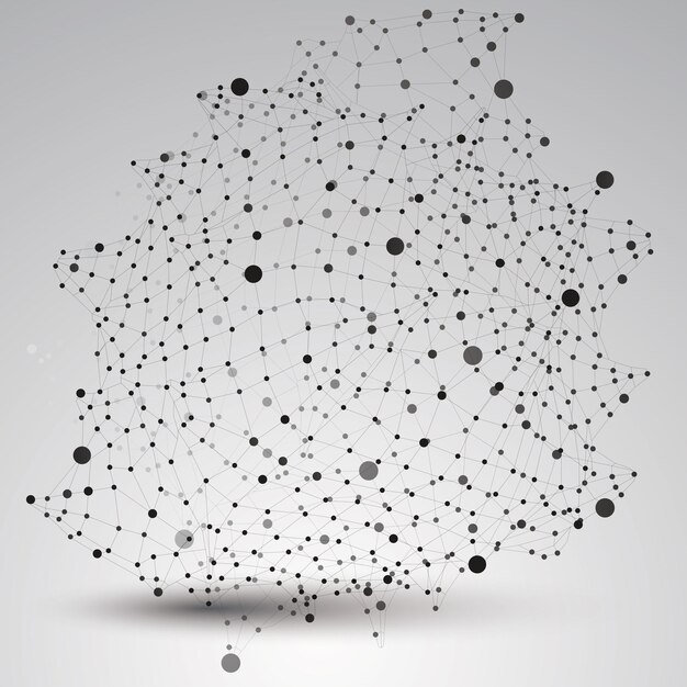 Asymmetric 3D abstract construction with black connected lines and dots, geometric form with lattice structure.