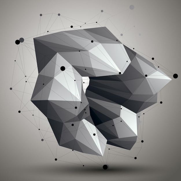 Asymmetric 3D abstract object with connected lines and dots, geometric form with lattice structure.