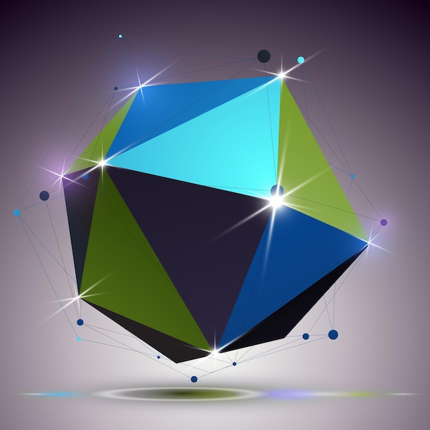 asymmetric 3d technology glossy shape with connected lines and dots. lattice bright engineering element, best for use in web design. dimensional mesh object.