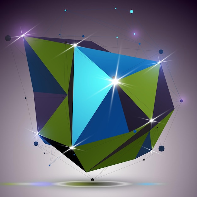 asymmetric 3d technology glossy shape with connected lines and dots. lattice bright engineering element, best for use in web design. dimensional mesh object.