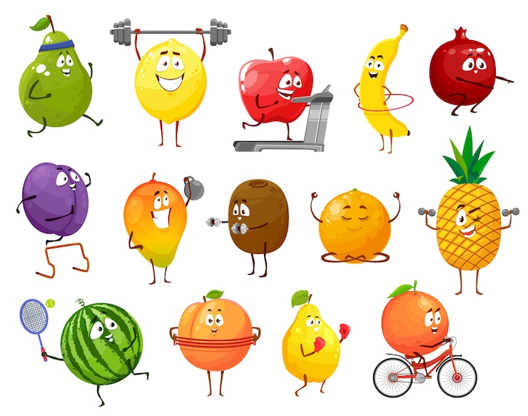 Vector atlet buah kartun, vektor pir, lemon dan apel, pisang, delima dan prune dengan mangga