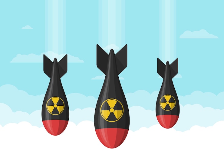 Vector atom bombs falling on sky. nuclear war atomic rocket air bomb. bombshell missile army nuke radiation