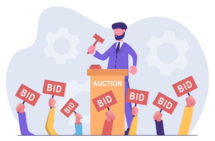 Vector auction a businessman holds an auction people bid