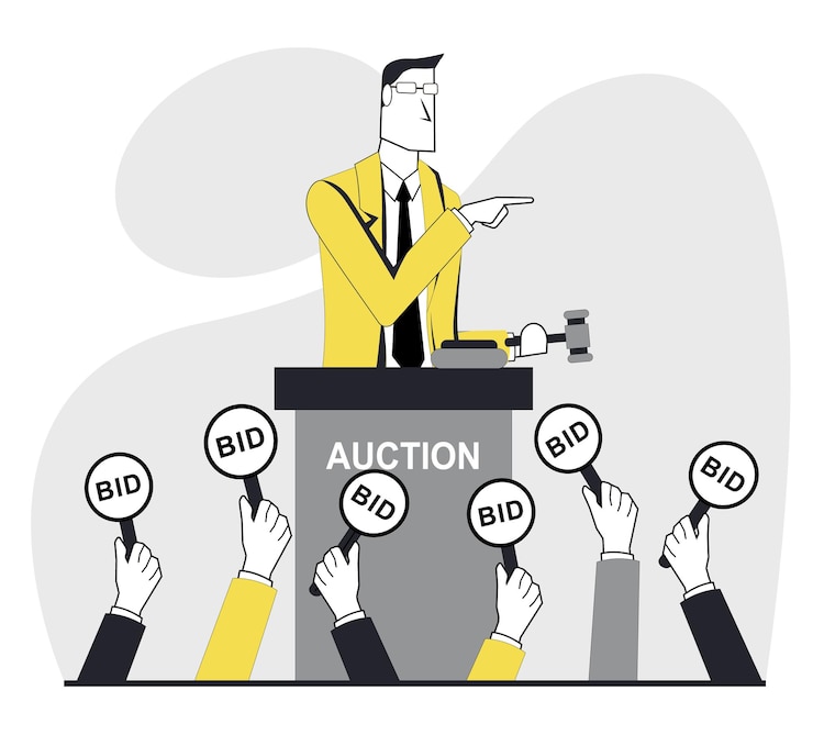 Vector auction a businessman holds an auction people hold bidding signs