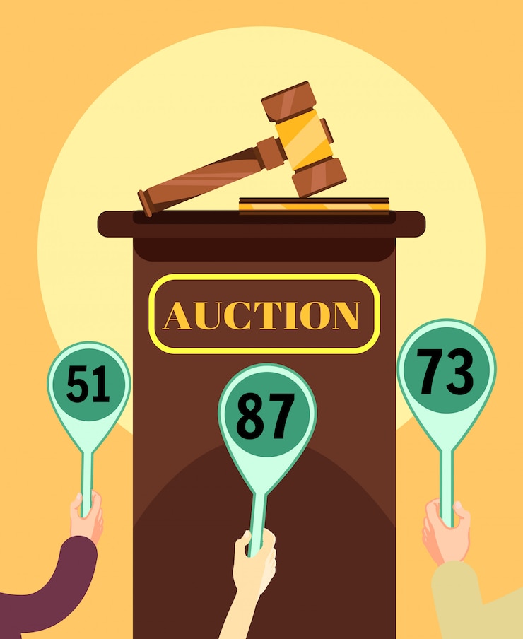 Vector auction wooden hammer and stand with participants.