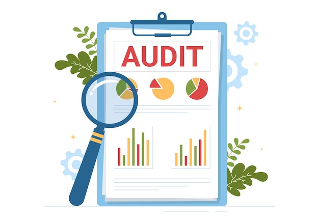 Audit Bisnis Dokumen dengan Bagan dan Analisis Laporan Keuangan dalam Ilustrasi Kartun Datar