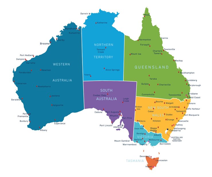AUSTRALIA MAP COLOR WITH REGIONS flat design illustration vector