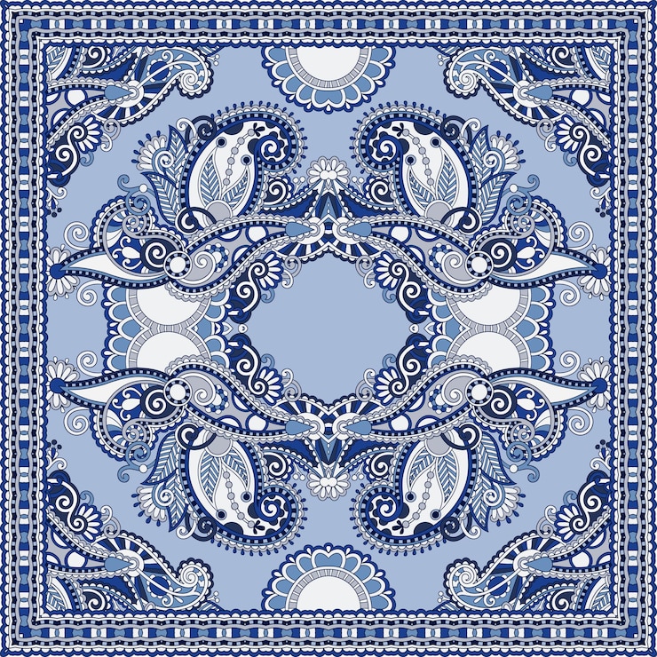 Vector authentic silk neck scarf or kerchief square pattern design in ukrainian style for print on fabric