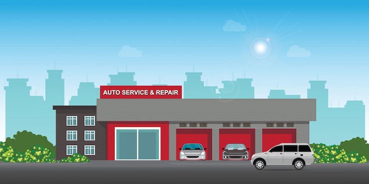 Vector auto car service and repair center or garage with cars.