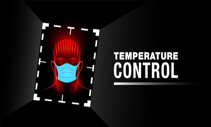 Vector automatic temperature control banner neon human head in medical mask and digital tracking frame