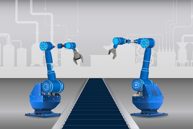 Automation factory with robot assembly line in factory vector illustration