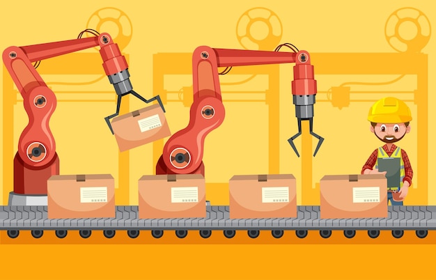 Automation industry concept with assembly line robots