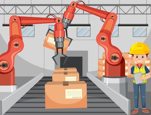 Automation industry concept with assembly line robots
