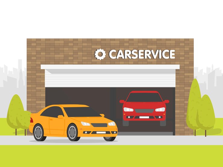 Vector automobile repair shop garage. the car on background of brick building. urban space in the background.
