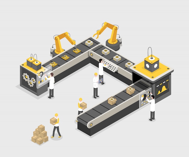 autonomous, programmed production line with workers. modern factory, industry manufacturing process